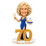 Cheers to 70 – Custom 70th Birthday Bobblehead for Her – Customizable Outfit & Pose