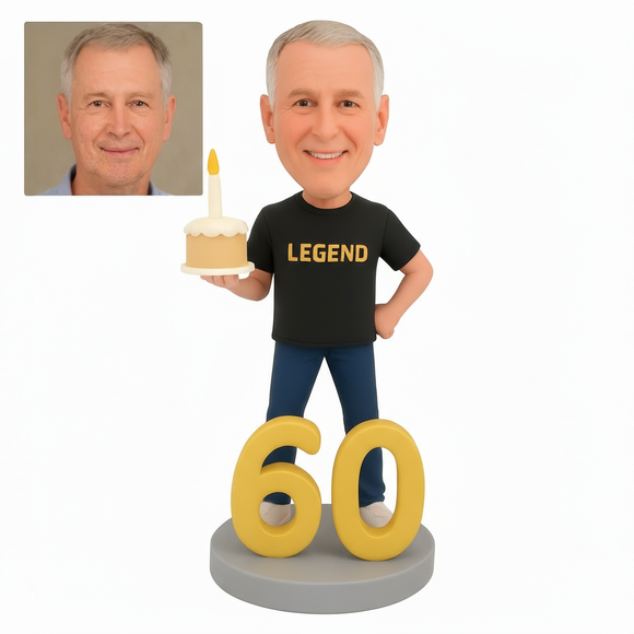 60th Birthday Presents for Man - Custom Bobbleheads - 60 Year Old Man Holding a Cake