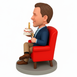 Custom 40th Birthday Bobblehead – Personalized Man Figurine with Cake & Champagne Sitting on Chair