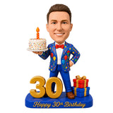 Custom 30th Birthday Bobblehead for Men with a Cake — Customizable Outfit & Pose