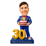 Custom 30th Birthday Bobblehead for Men with a Cake –- Optional Outfit & Pose Customization