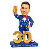 Custom 30th Birthday Bobblehead for Men Holding a Beer —- Customizable Outfit & Pose