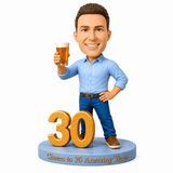 Custom 30th Birthday Bobblehead for Men Holding a Beer - Customizable Outfit & Pose