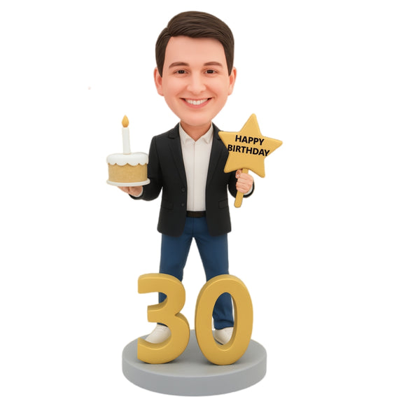 30-Year-Old Man Holding a Cake – Custom Bobblehead for 30th Birthday