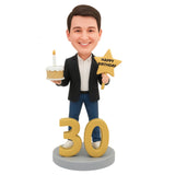 30-Year-Old Man Holding a Cake – Custom Bobblehead for 30th Birthday