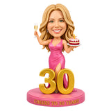 Custom 30th Birthday Bobblehead for Her with Champagne & Cake – Customize Any Outfit & Pose
