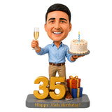 Custom 35th Birthday Bobblehead for Men Holding a Cake –- Optional Outfit & Pose Customization