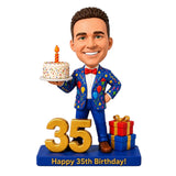 Custom 35th Birthday Bobblehead for Men Holding a Cake –- Customize Any Outfit & Pose