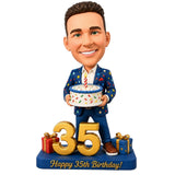 Custom 35th Birthday Bobblehead for Men with a Cake –- Customizable Any Outfit & Pose