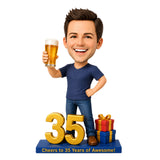 Custom 35th Birthday Bobblehead for Men Holding a Beer –- Optional Outfit & Pose Customization