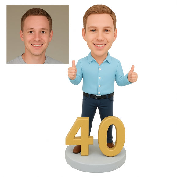 Custom 40th Birthday Bobblehead – Personalized Male Figurine with Thumbs Up Pose