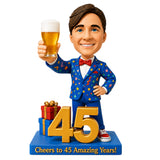 Custom 45th Birthday Bobblehead for Men Holding a Beer –- Customizable Any Outfit & Pose