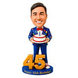 Custom 45th Birthday Bobblehead for Men Holding a Cake –– Customizable Any Outfit & Pose