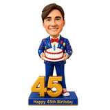 Custom 45th Birthday Bobblehead for Men Holding a Cake –- Optional Outfit & Pose Customization