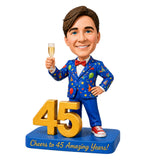 Custom 45th Birthday Bobblehead Gift for Men with Champagne  -– Customizable Any Outfit & Pose