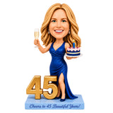 Cheers to 45 –- Custom 45th Birthday Bobblehead for Her – Customizable Any Outfit & Pose