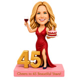 Cheers to 45 – Custom 45th Birthday Bobblehead for Her – Customizable Outfit & Pose