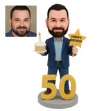 50th Birthday Gifts for Men - Custom Bobblehead – Man Holding a Birthday Cake
