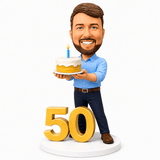 Custom 50th Birthday Bobblehead for Men Holding a Cake –- Optional Outfit & Pose Customization