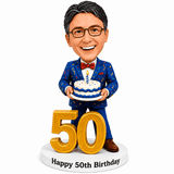 Custom 50th Birthday Bobblehead for Men Holding a Cake –– Customizable Any Outfit & Pose