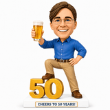 Custom 50th Birthday Bobblehead for Men Holding a Beer -– Optional Outfit & Pose Customization