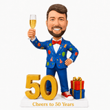 Custom 50th Birthday Bobblehead Gift for Men with Champagne  -– Customizable Any Outfit & Pose