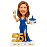 Cheers to 55 –- Custom 55th Birthday Bobblehead for Her – Customizable Any Outfit & Pose