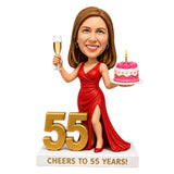 Cheers to 55 –- Custom 55th Birthday Bobblehead for Her –- Customizable Any Outfit & Pose
