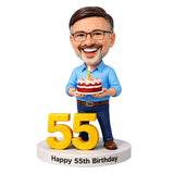 Custom 55th Birthday Bobblehead for Men Holding a Cake –- Any Outfit & Pose Can Be Customized