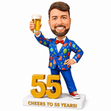 Custom 55th Birthday Bobblehead for Men Holding a Beer –- Customizable Any Outfit & Pose