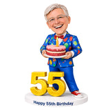 Custom 55th Birthday Bobblehead for Men Holding a Cake –– Customizable Any Outfit & Pose