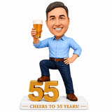 Custom 55th Birthday Bobblehead for Men Holding a Beer –- Customizable Any Outfit & Pose