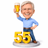 Custom 55th Birthday Bobblehead for Men Holding a Beer –- Customizable Any Outfit & Pose