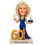 Cheers to 60 –- Custom 60th Birthday Bobblehead for Her –- Customizable Any Outfit & Pose