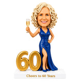 Cheers to 60 – Custom 60th Birthday Bobblehead for Her – Customizable Any Outfit & Pose