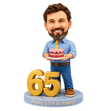 Custom 65th Birthday Bobblehead for Men Holding a Cake –– Customizable Any Outfit & Pose