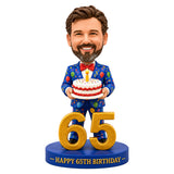 Custom 65th Birthday Bobblehead for Men Holding a Cake –– Customizable Any Outfit & Pose