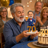 Custom 70th Birthday Bobblehead for Men Holding a Cake –– Customizable Any Outfit & Pose