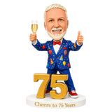 Custom 75th Birthday Bobblehead for Men Holding a Glass of Champagne –- Customizable Any Outfit & Pose