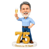 Custom 75th Birthday Bobblehead for Men Holding a Glass of Champagne –- Optional Outfit & Pose Customization