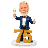 Custom 75th Birthday Bobblehead for Men Holding a Glass of Champagne –- Customizable Any Outfit & Pose