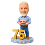 Custom 75th Birthday Bobblehead for Men Holding a Cake –- Optional Outfit & Pose Customization