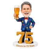 Custom 75th Birthday Bobblehead for Men Holding a Beer –- Optional Outfit & Pose Customization