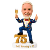 Custom 75th Birthday Bobblehead for Men Holding a Glass of Champagne –- Customizable Any Outfit & Pose
