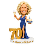 Cheers to 70 –- Custom 70th Birthday Bobblehead for Her –- Customizable Any Outfit & Pose