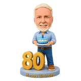 Custom 80th Birthday Bobblehead for Men Holding a Cake –– Customizable Any Outfit & Pose