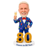 Custom 80th Birthday Bobblehead for Men Holding a Glass of Champagne –- Customizable Any Outfit & Pose
