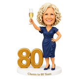 Cheers to 80 –- Custom 80th Birthday Bobblehead for Her – Customizable Any Outfit & Pose