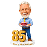 Custom 85th Birthday Bobblehead for Men Holding a Cake –– Customizable Any Outfit & Pose