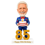 Custom 85th Birthday Bobblehead for Men Holding a Cake –- Optional Outfit & Pose Customization